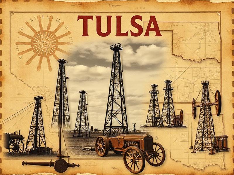 Historic collage of Tulsa's oil boom era, featuring vintage oil derricks and Native American heritage elements